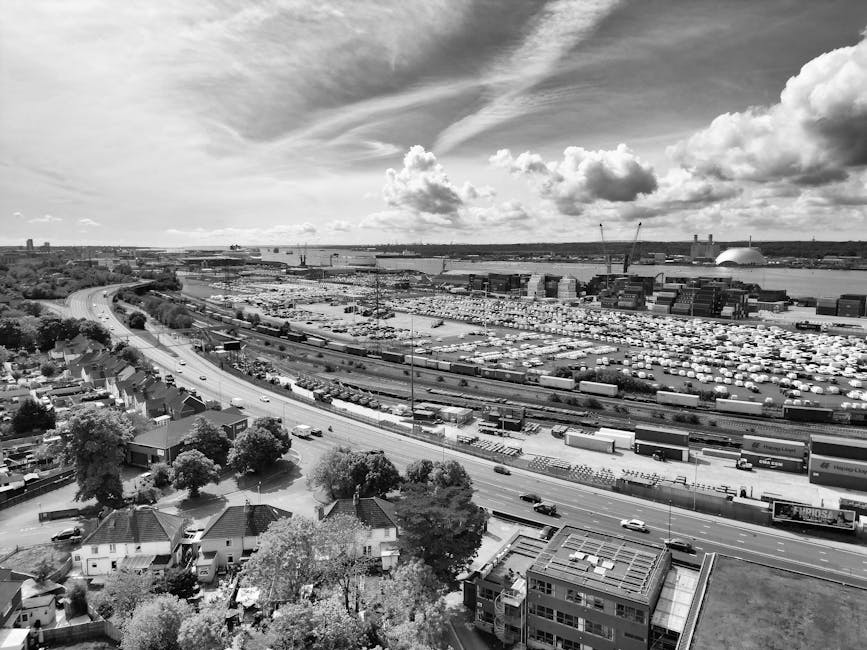 An aerial black-and-white photograph of a suburban neighbourhood showing a row of terraced houses lining a main street, with individual houses, gardens, and trees visible. The street is filled with parked cars along both sides, and some are in motion, suggesting a busy area. In the foreground, residential backyards with fences, sheds, and garden furniture can be seen, indicating the existence of a home environment. The image also captures the wider urban landscape in the distance, including larger buildings and cityscape on the horizon under a partly cloudy sky. This scenery is consistent with a home relocation or furniture transport setting, where items such as boxes, packing materials, or moving equipment might be part of the process managed by [COMPANY_NAME], facilitating quick and efficient relocations in the Pratts Bottom area, especially suitable for same-day removals requiring careful loading and transport of household furniture and belongings.
